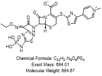 4-[2-[[(6R,7R)-2-羧基-7-[[(2Z)-(乙氧基亚氨基)[5-(膦酰氨基)-1,2,4-噻二唑-3-基]乙酰基]氨基]-8-氧代-5-硫杂-1-氮杂双环[4.2.0]辛-2-烯-3-基]硫基]-4-噻唑基]-1-甲基吡啶内盐
CAS: 229016-73-3